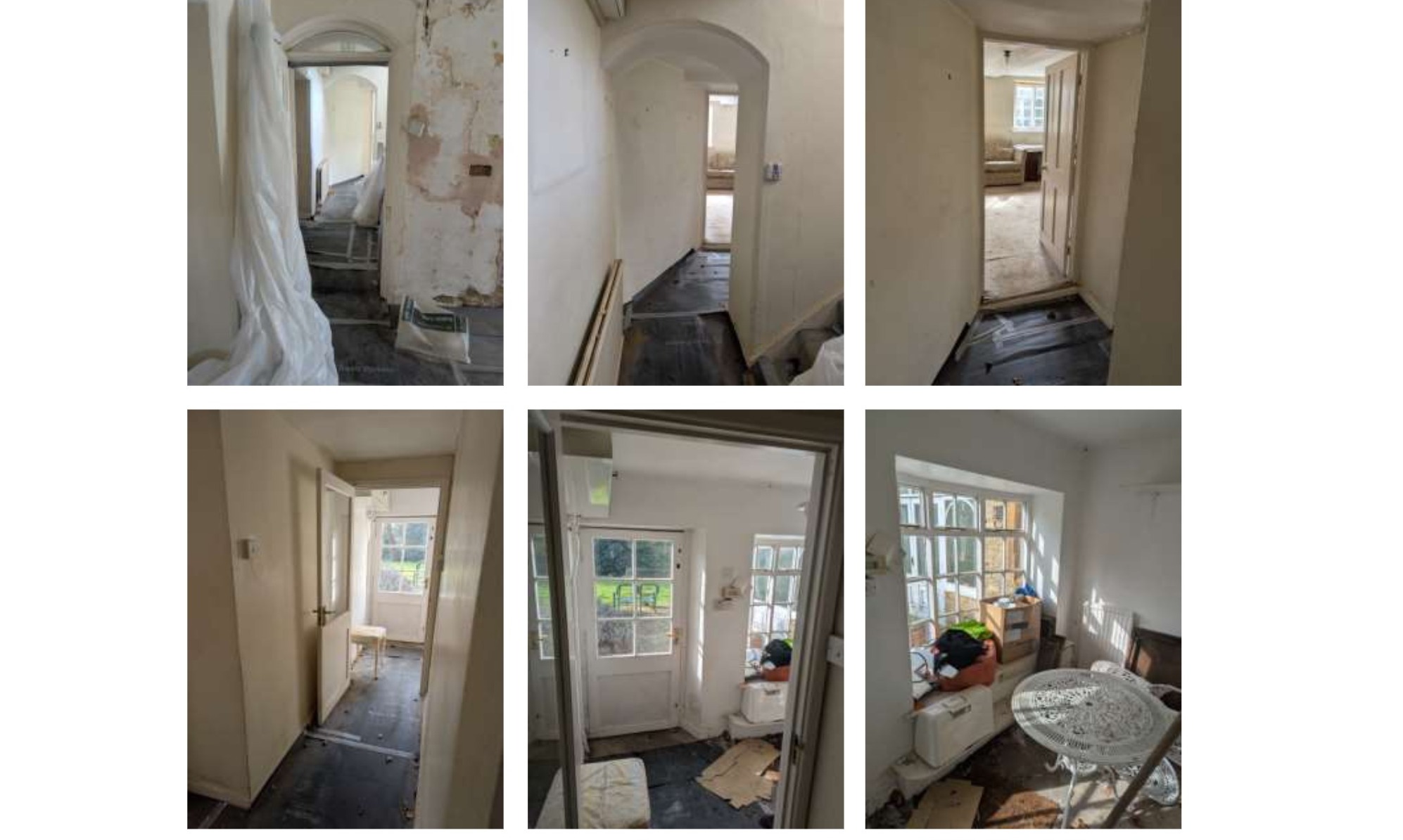 Entrance and back door area showing damaged plasterwork and exposed stonework