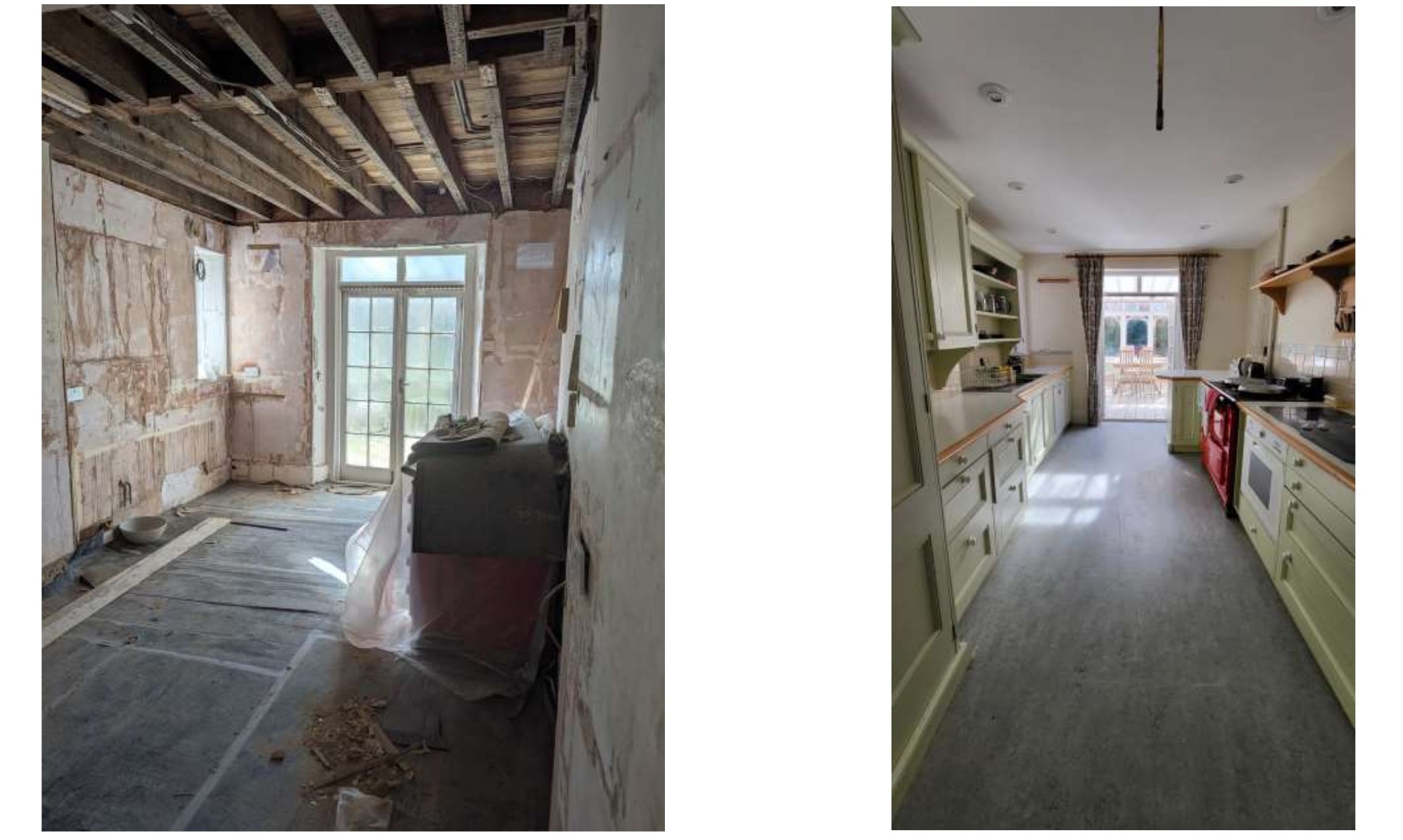 Kitchen: current state of damage on left, original condition on right