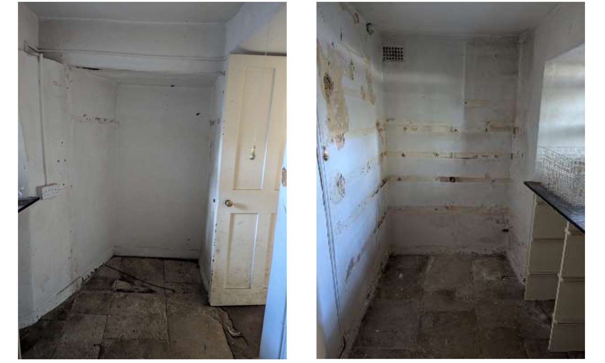 Pantry showing water staining and crumbling plasterwork