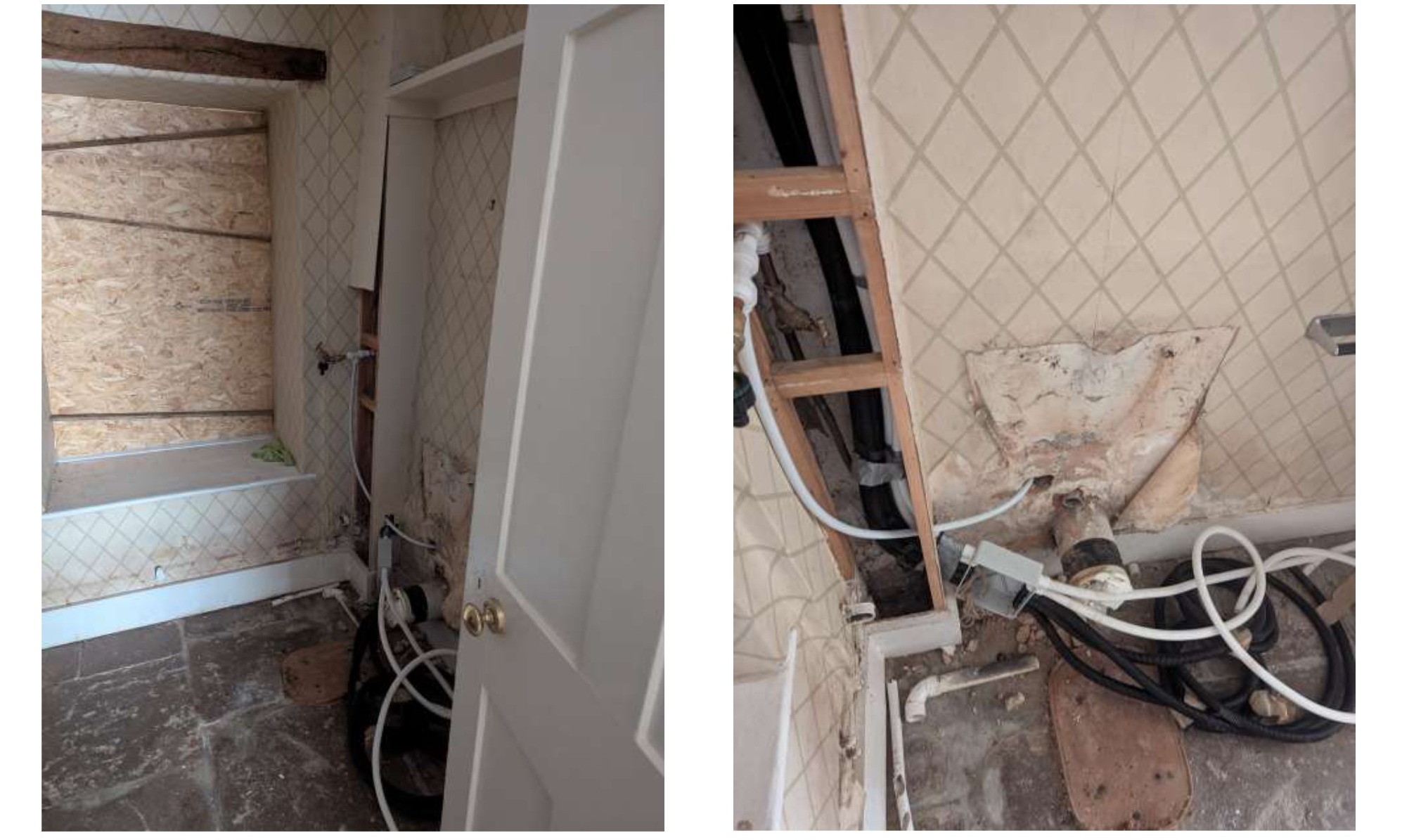 Cloakroom with exposed pipework and temporary OSB boarding