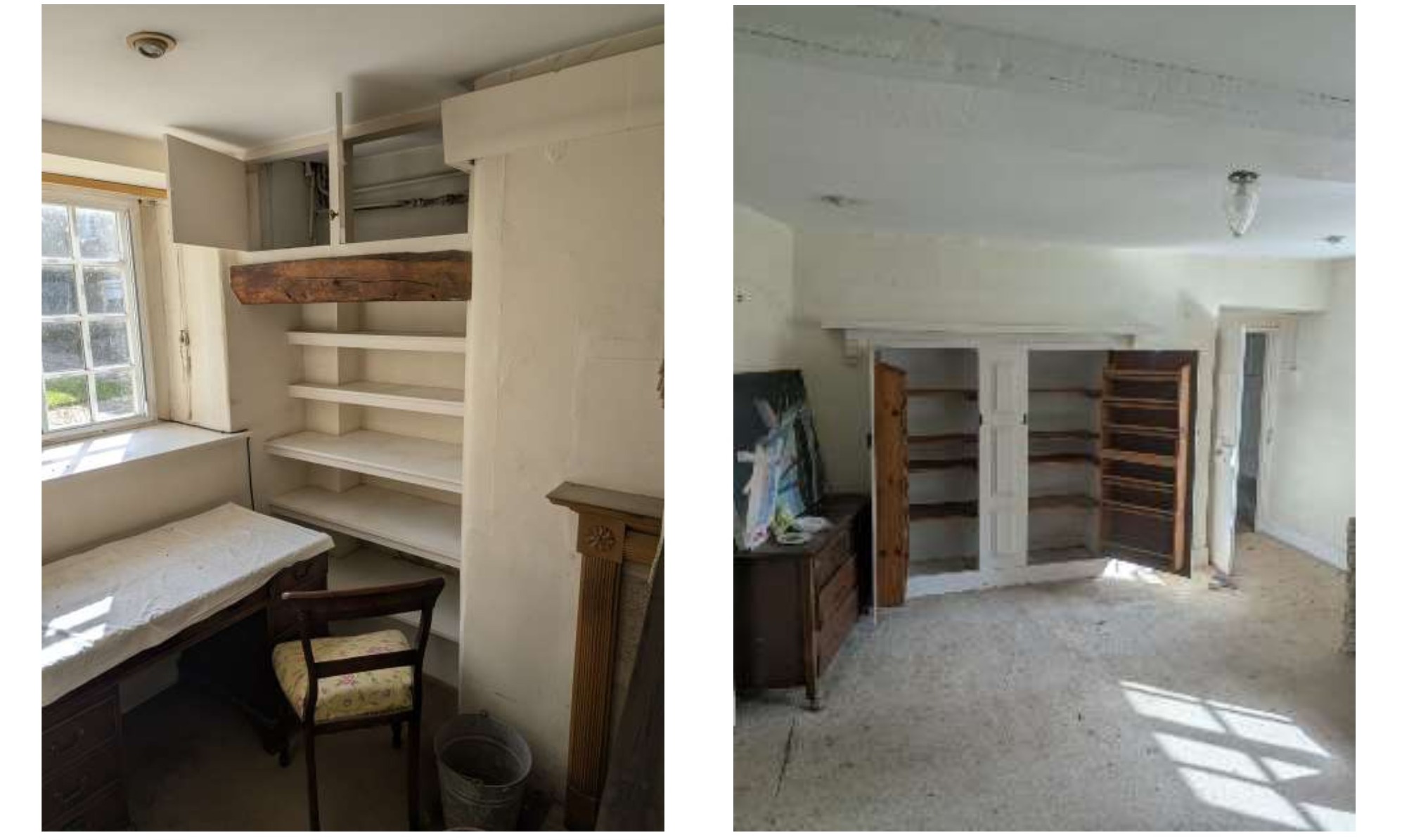 Parlour showing ceiling plaster failure and empty room