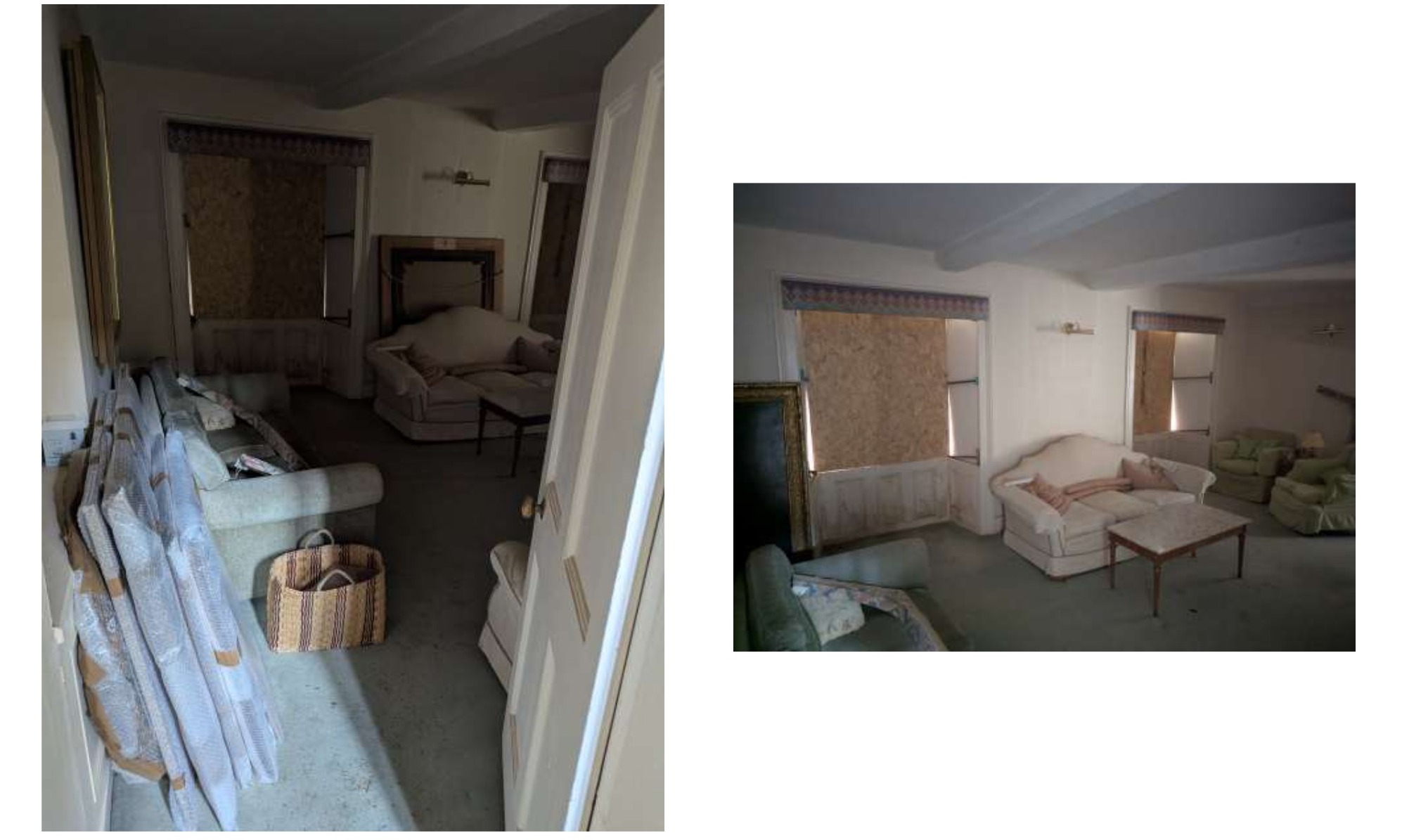 Living room with stacked furniture and boarded windows