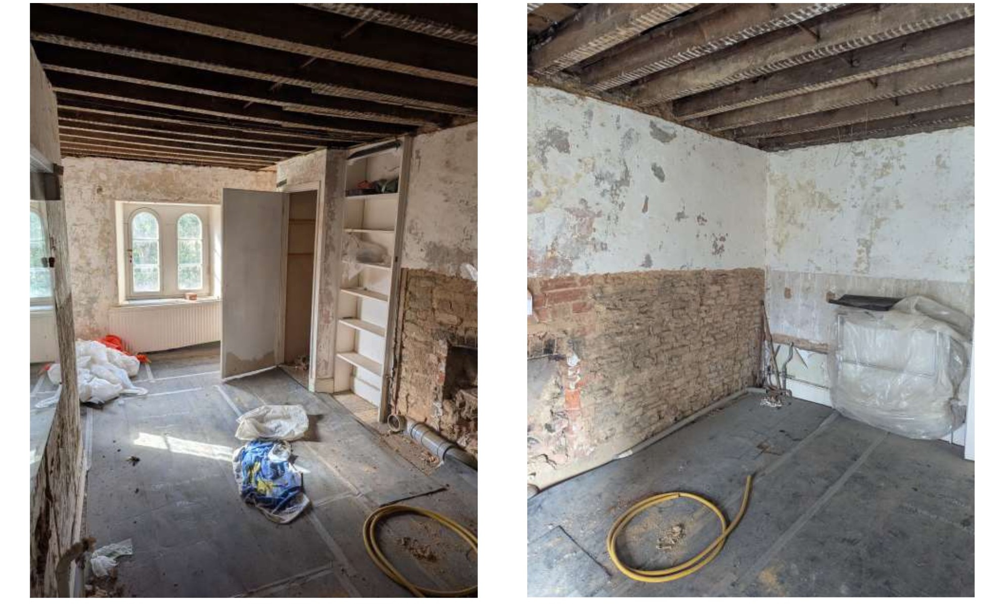 Bathroom II: exposed brick and open joists