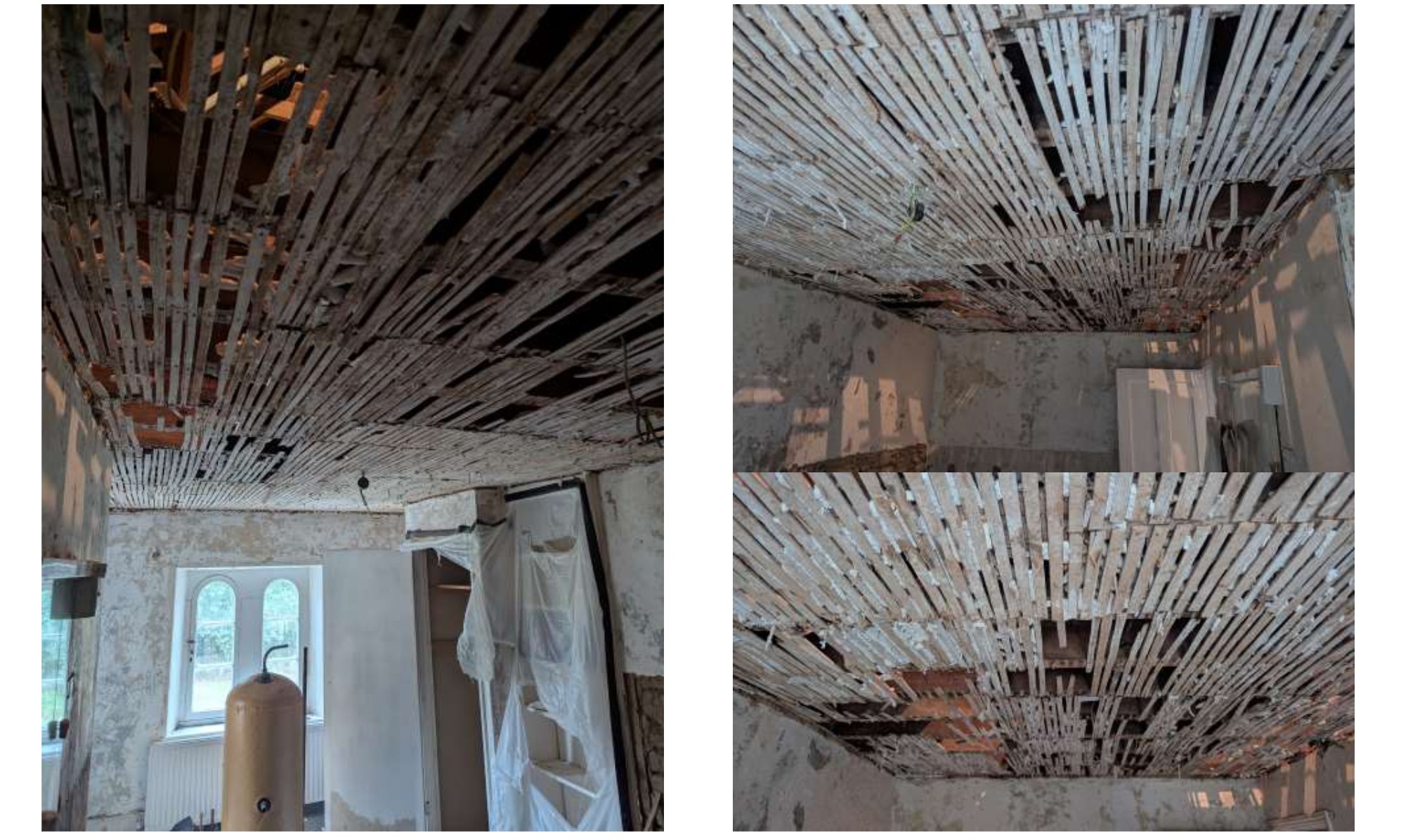 Bathroom II: dramatic collapsed ceiling showing exposed lath structure before removal