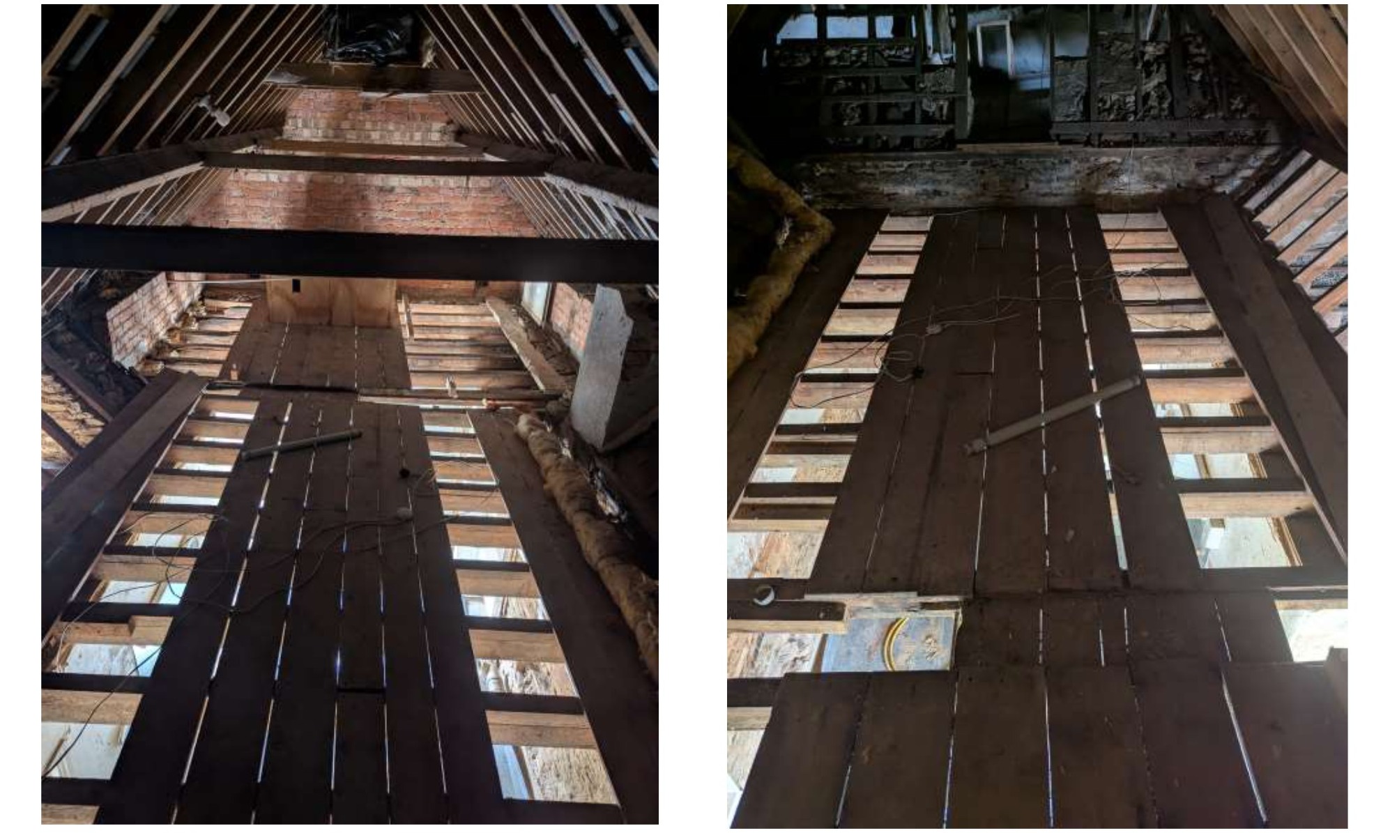 Bathroom II: attic view showing full extent of floor damage