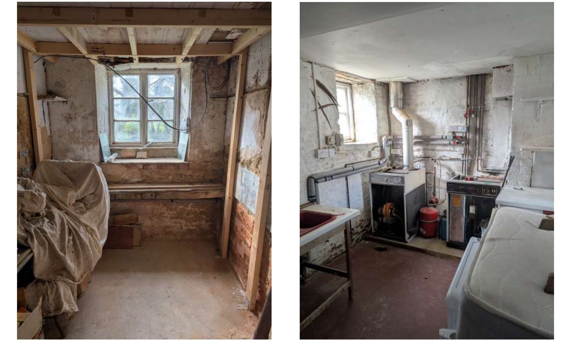 Barn bathroom with supported floor structure and exposed walls
