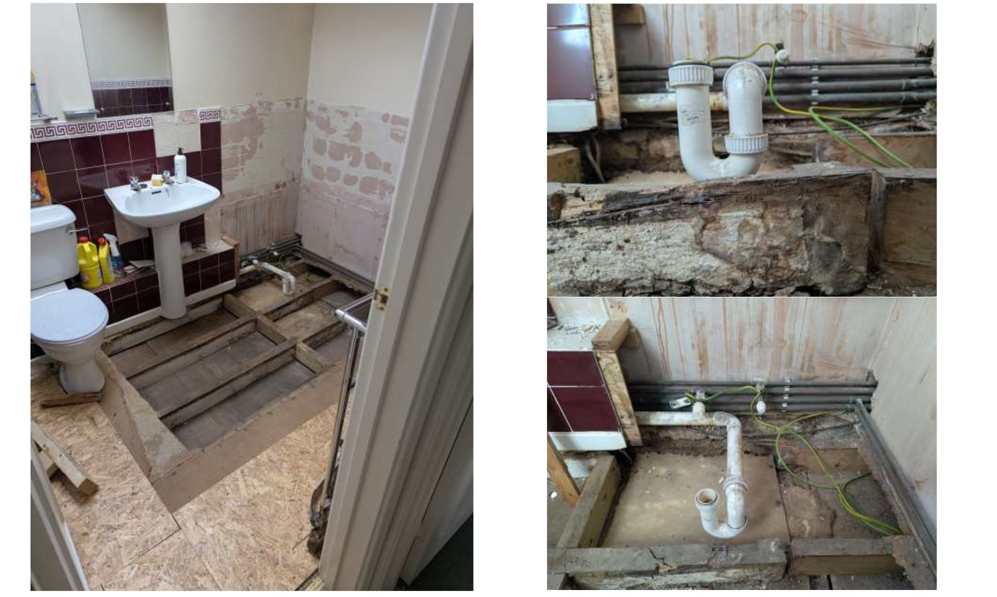 Barn first-floor bathroom with defective flooring and exposed pipework