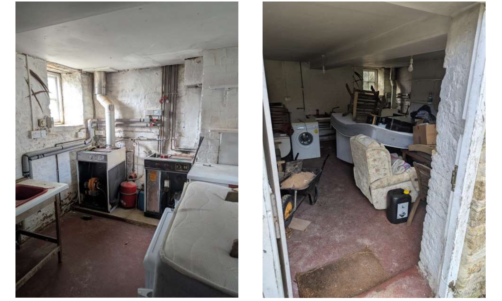 Barn boiler room with inoperative boilers and laundry space without water supply