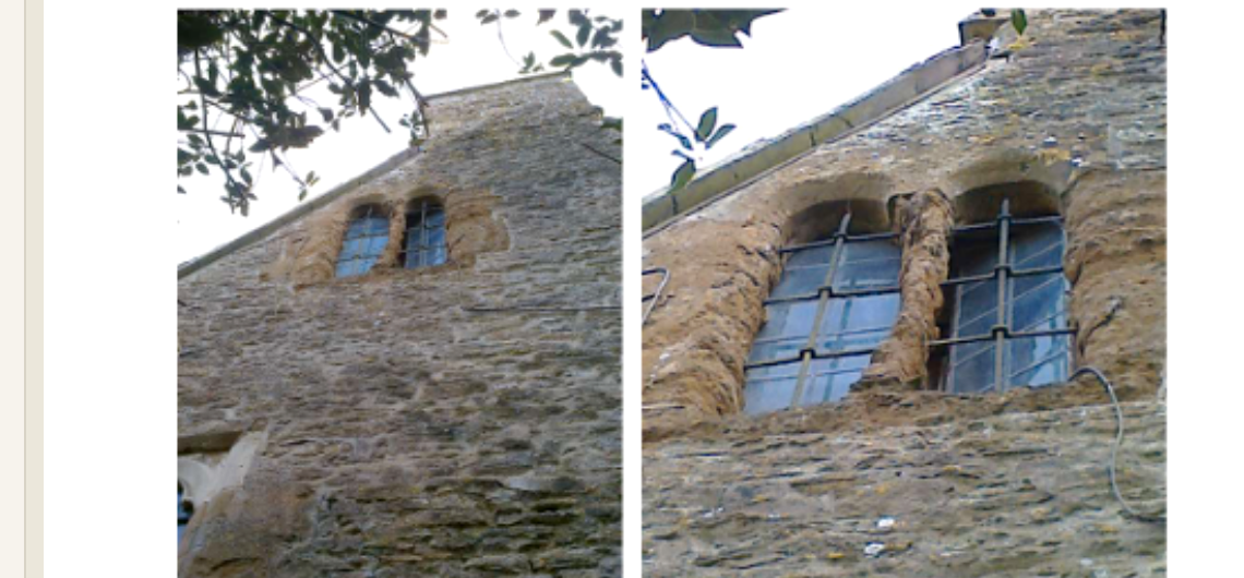 Historic windows at Old Manor Farm, limestone walls with surviving medieval arched windows, photographed showing their current condition